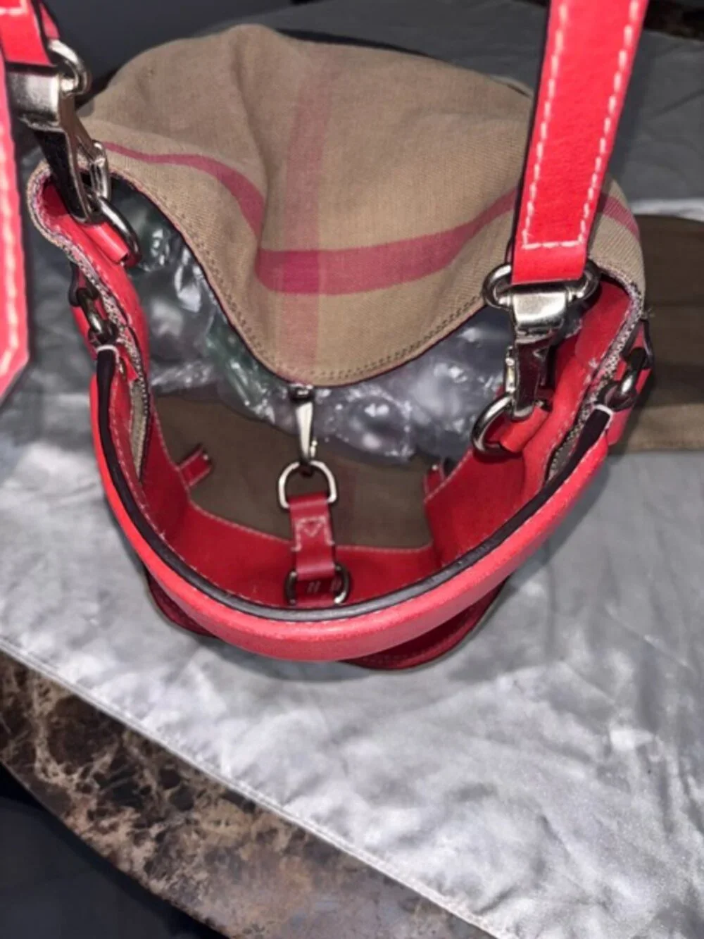 Burberry Ashby Check Canvas Bucket Bag Red Leather SHW + Pouch & Strap